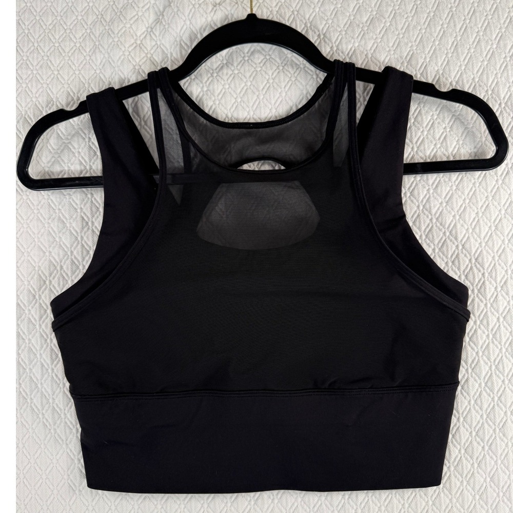 Lululemon S Black High Neck Mesh Overlay Cutout Back Athletic Crop Top Tank